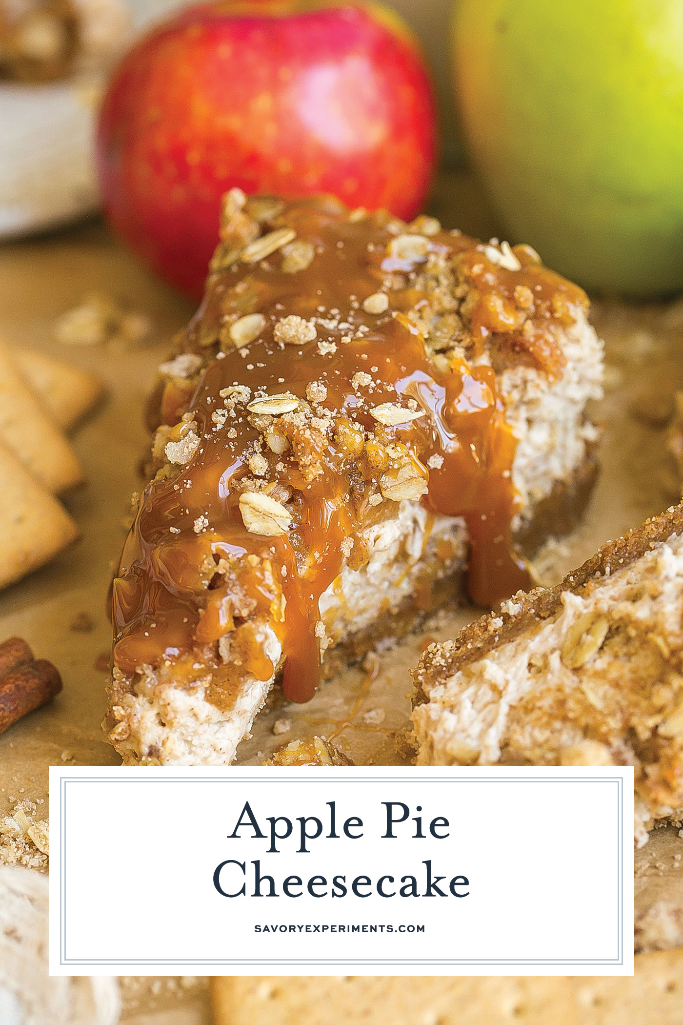 angled shot of slice of apple pie cheesecake with text overlay