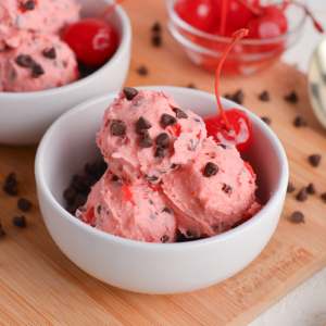 angled shot of bowl of cherry cookie dough