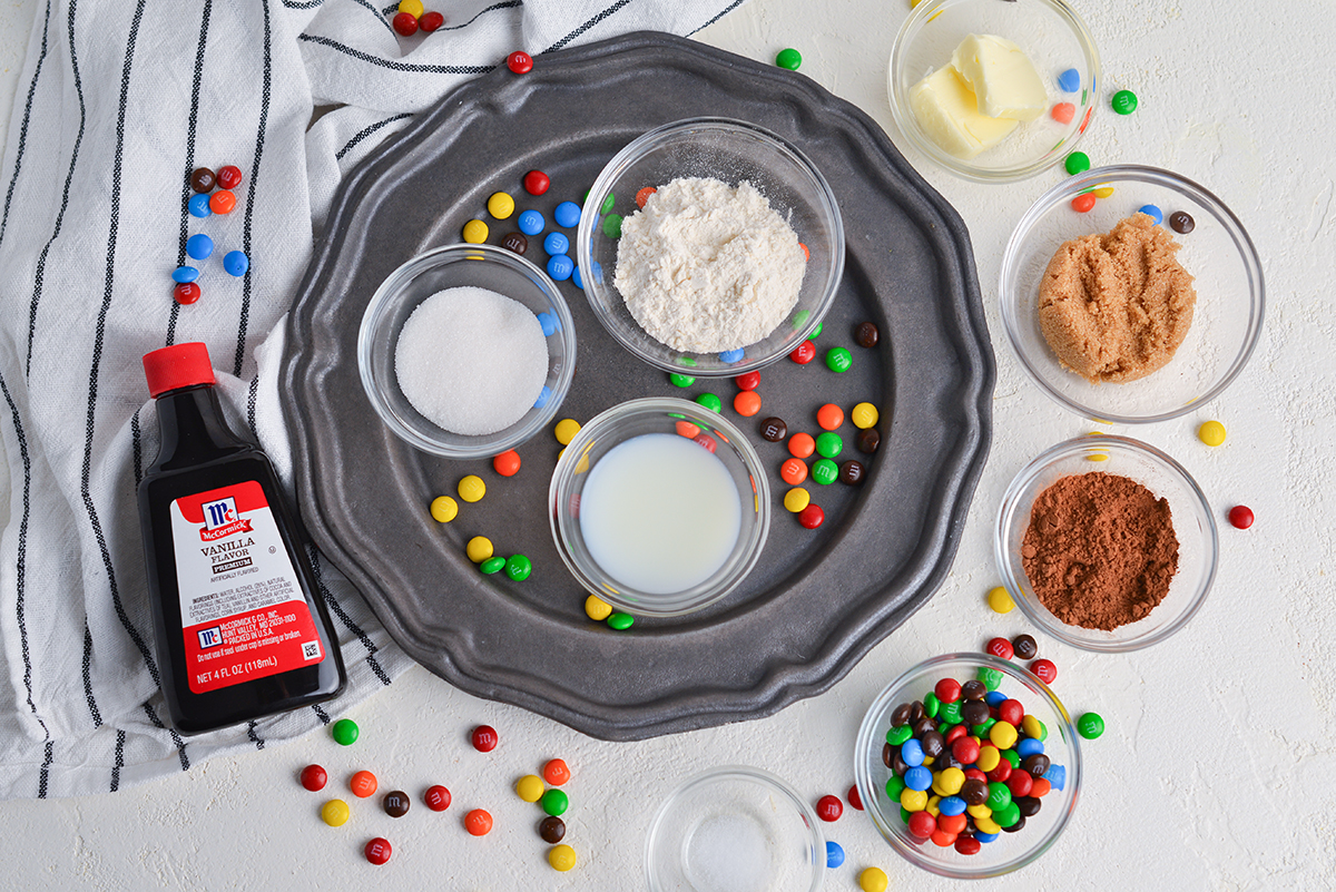 overhead shot of chocolate cookie dough ingredients