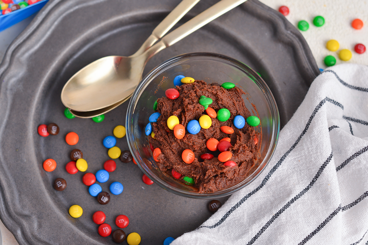 overhead shot of edible chocolate cookie dough in bowl