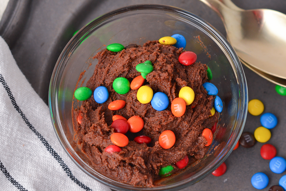 close up overhead shot of edible cookie dough in bowl