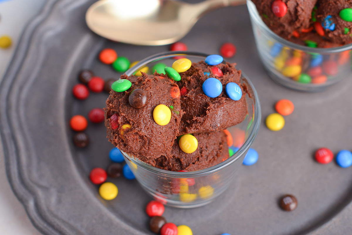 angled shot of bowl of edible cookie dough