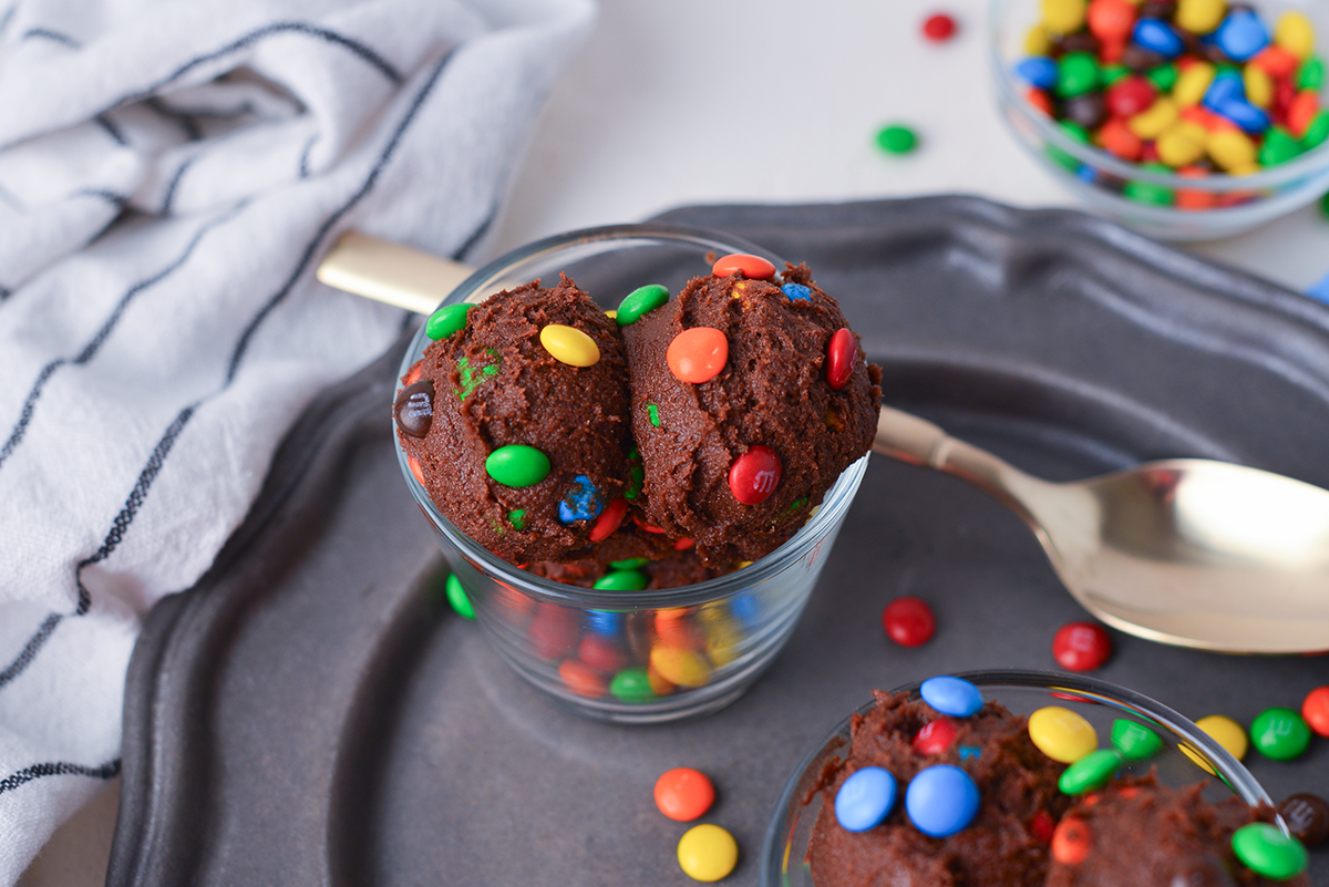 angled shot of bowl of chocolate cookie dough