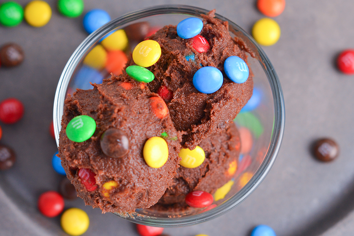 close up overhead shot of bowl of chocolate cookie dough