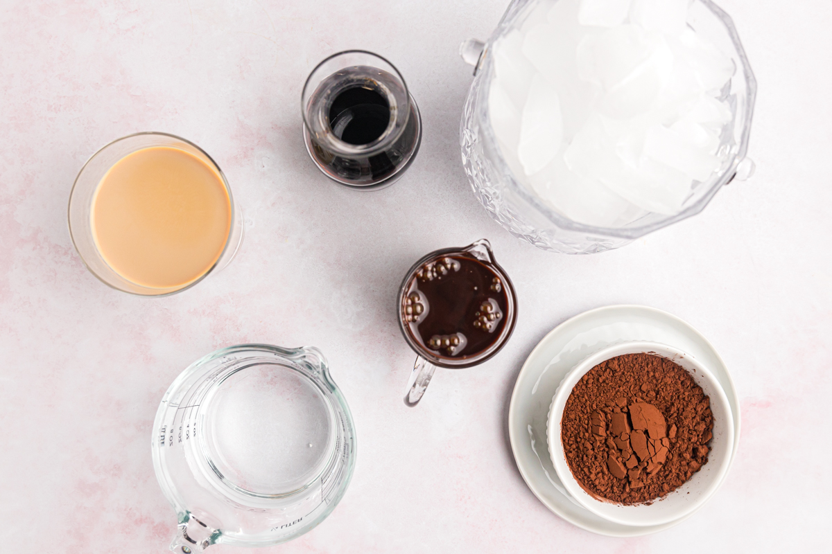 overhead shot of chocolate martini ingredients