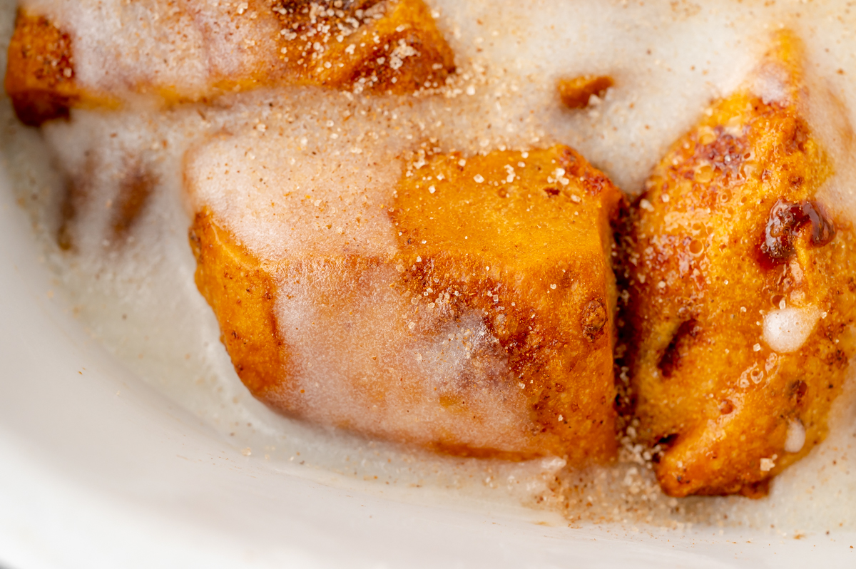 close up overhead shot of cinnamon roll casserole