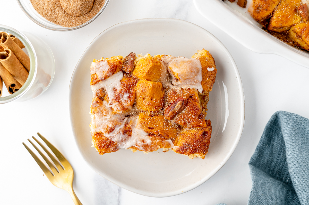 overhead shot of slice of breakfast casserole on plate