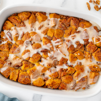 overhead shot of cinnamon roll casserole in baking dish