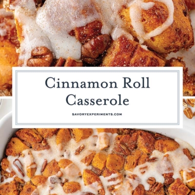 collage of cinnamon roll casserole