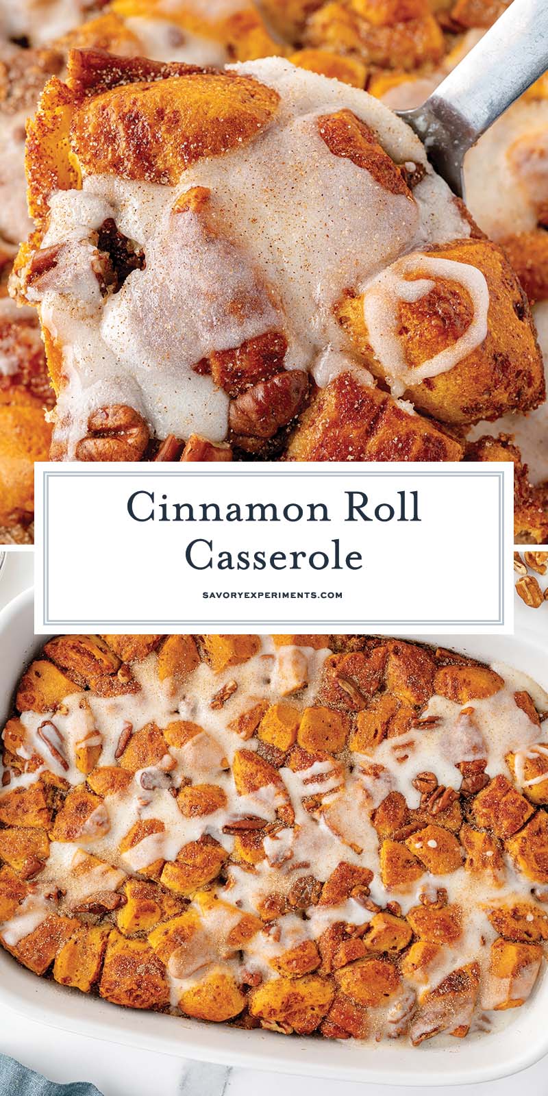 collage of cinnamon roll casserole