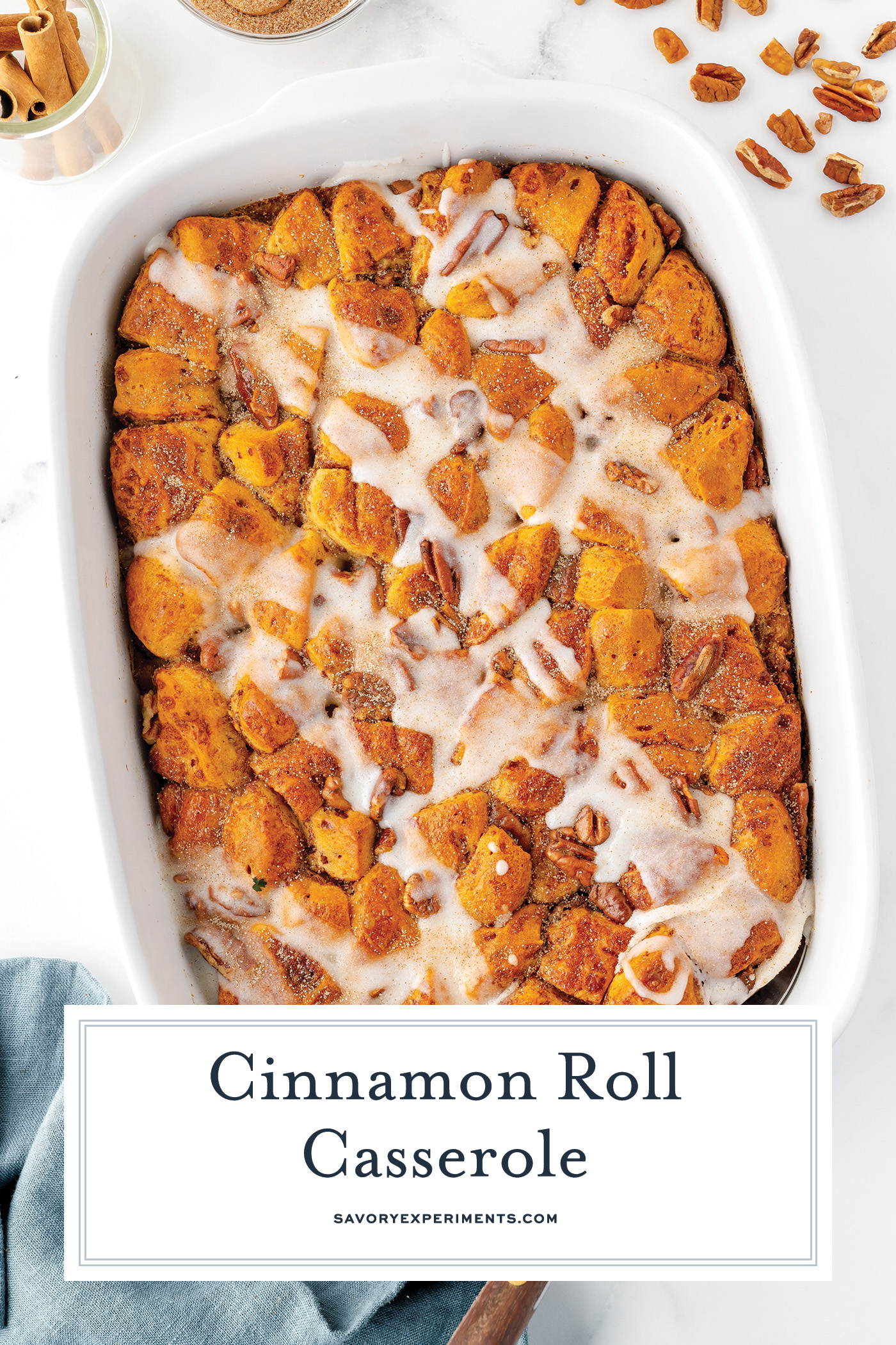 overhead shot of cinnamon roll casserole with text overlay