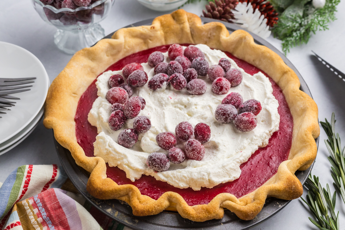 angled shot of cranberry pie