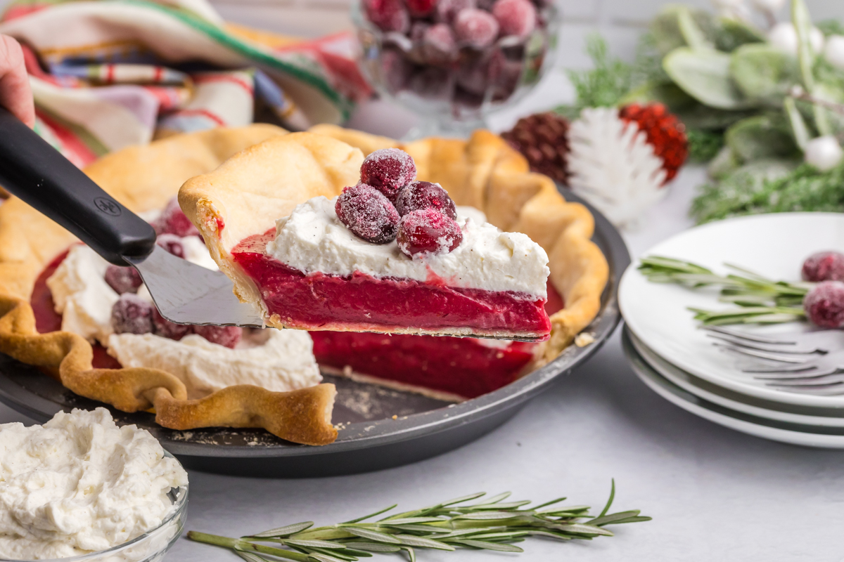 angled shot of slice of pie on spatula