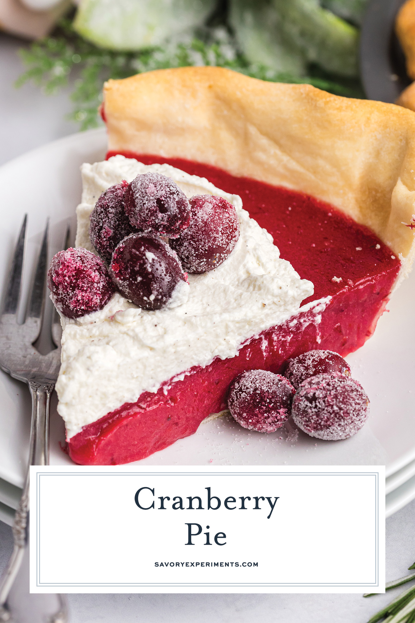 angled shot of slice of cranberry pie with text overlay