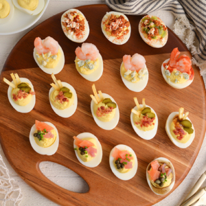 overhead clean of deviled eggs on wood board