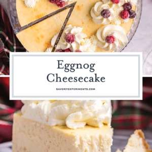 collage of eggnog cheesecake