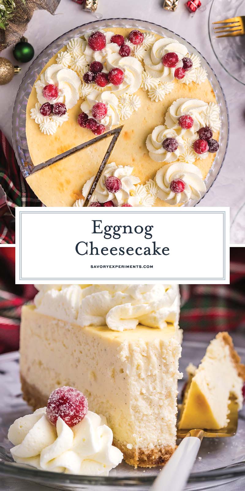 collage of eggnog cheesecake