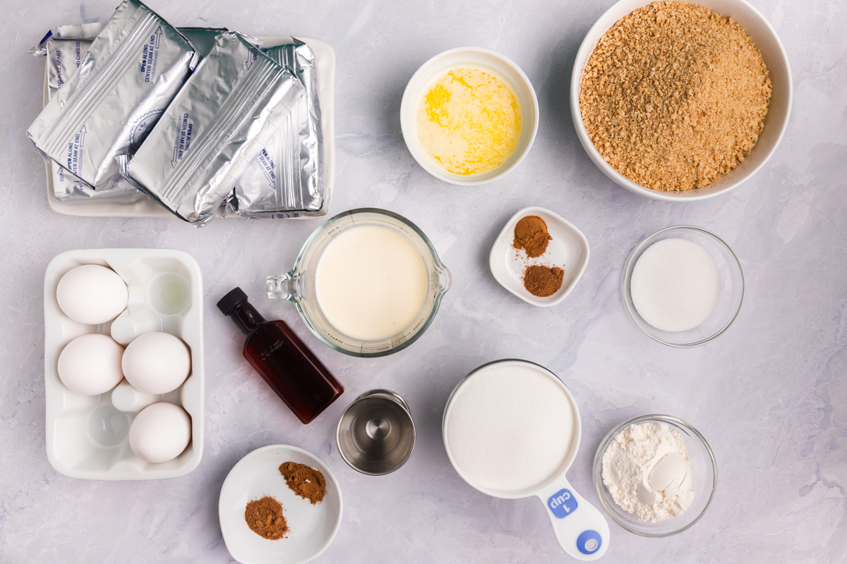 overhead shot of eggnog cheesecake ingredients