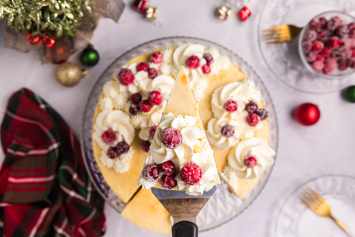 overhead shot of slice of cheesecake on spatula