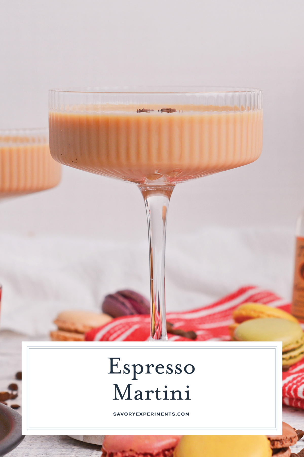 straight on shot of espresso martini with text overlay