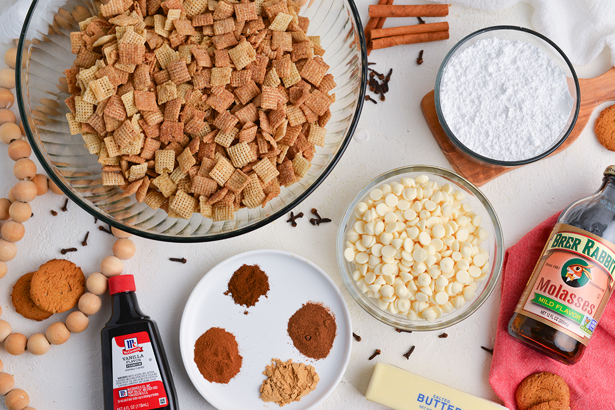 overhead shot of gingerbread puppy chow ingredients