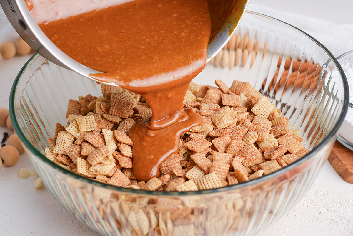 gingerbread mixture poured over chex cereal