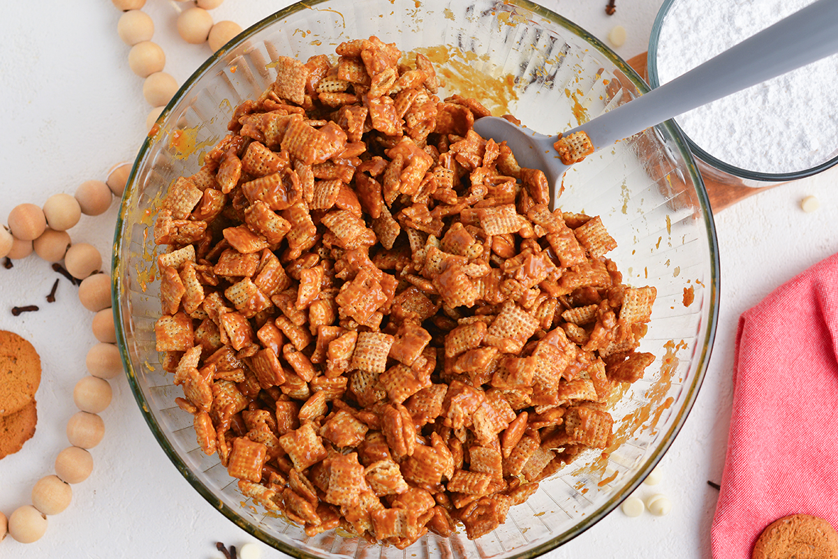 overhead shot of gingerbread coated chex cereal