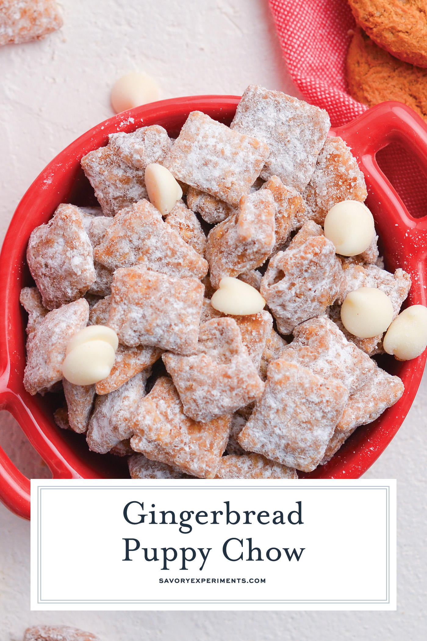 close up overhead shot of bowl of gingerbread puppy chow with text overlay