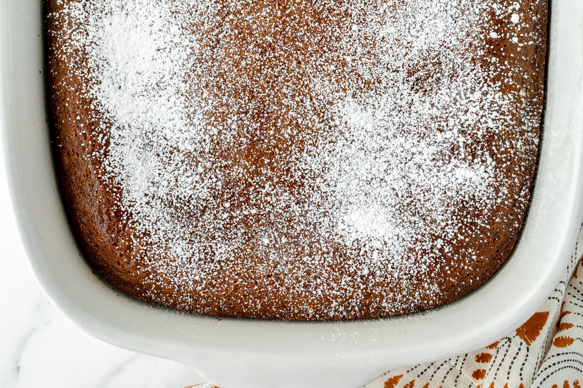 close up overhead shot of baked gingerbread snack cake