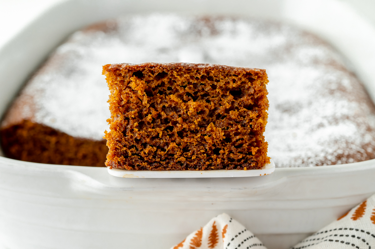 straight on shot of slice of gingerbread snack cake