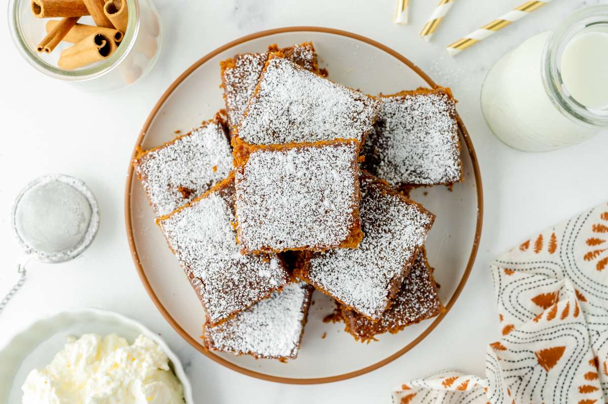 overhead shot of plate of gingerbread snack cake slices