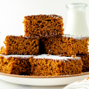 straight on shot of plate of gingerbread snack cake