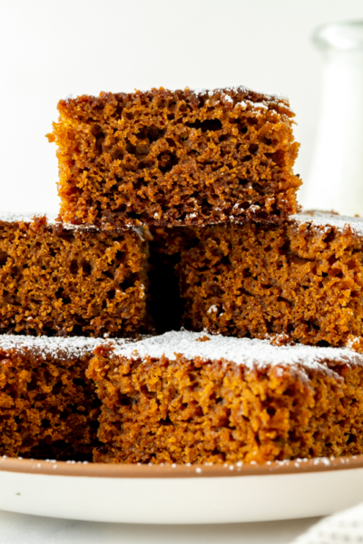 straight on shot of plate of gingerbread snack cake