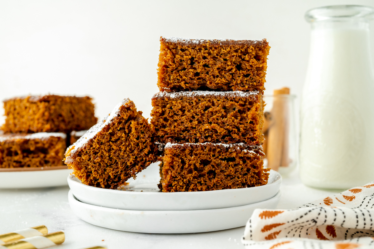 straight on shot of stack of gingerbread snack cake slices