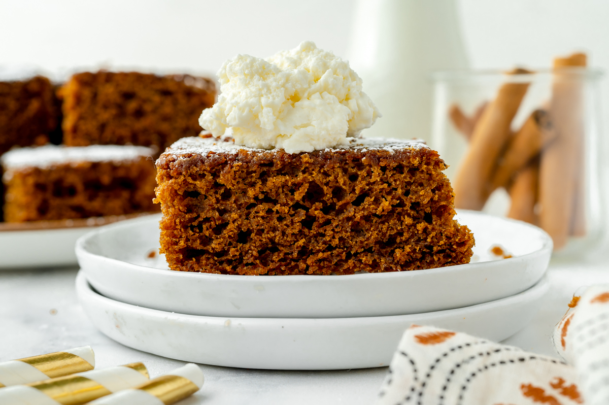 straight on shot of slice of cake topped with whipped cream