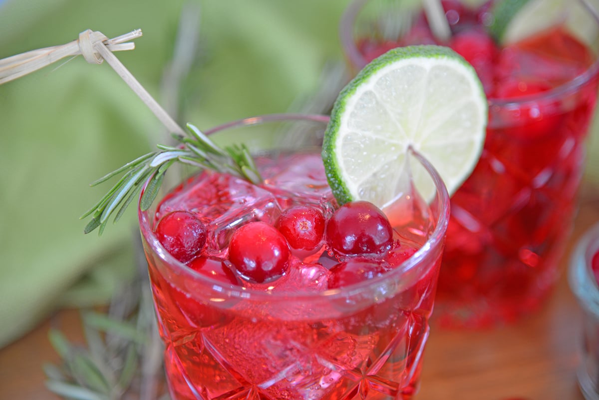 Cocktail glass with fresh cranberries, rosemary and lime slice