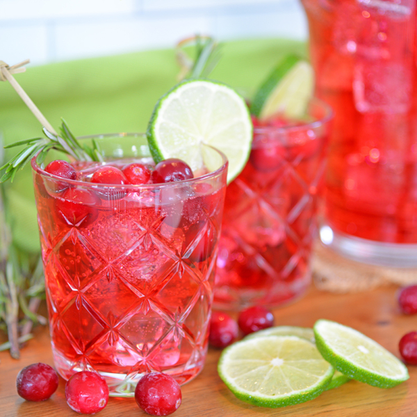 Side view of cocktail glass with cranberries, ice cubes and lime