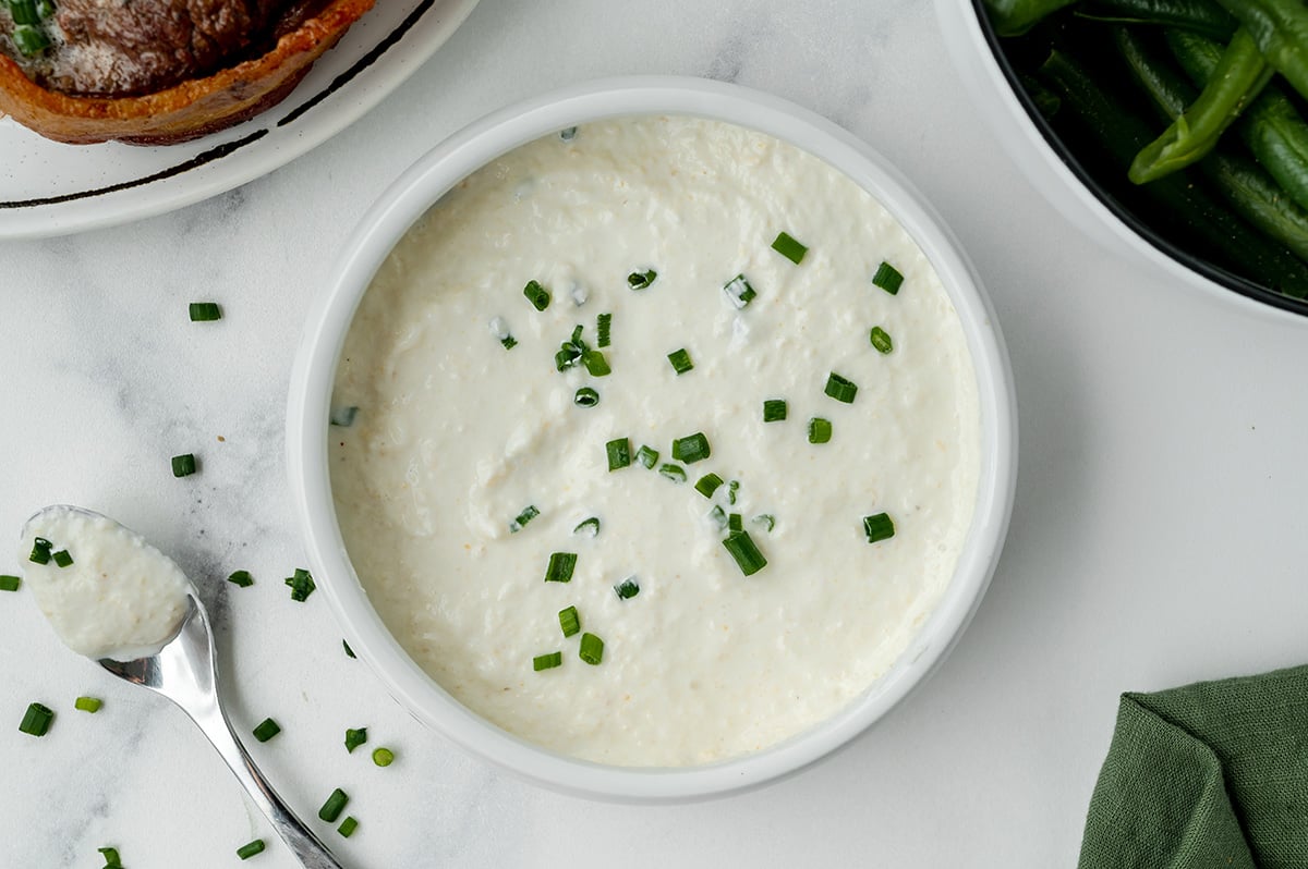 overhead shot of bowl of horseradish sauce