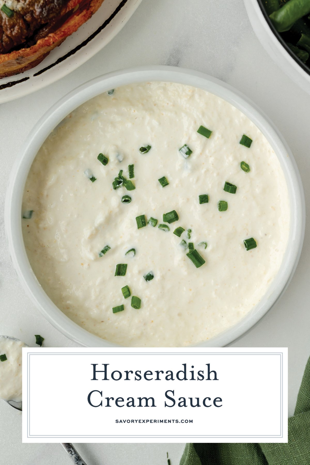 overhead shot of bowl of creamy horseradish sauce with text overlay