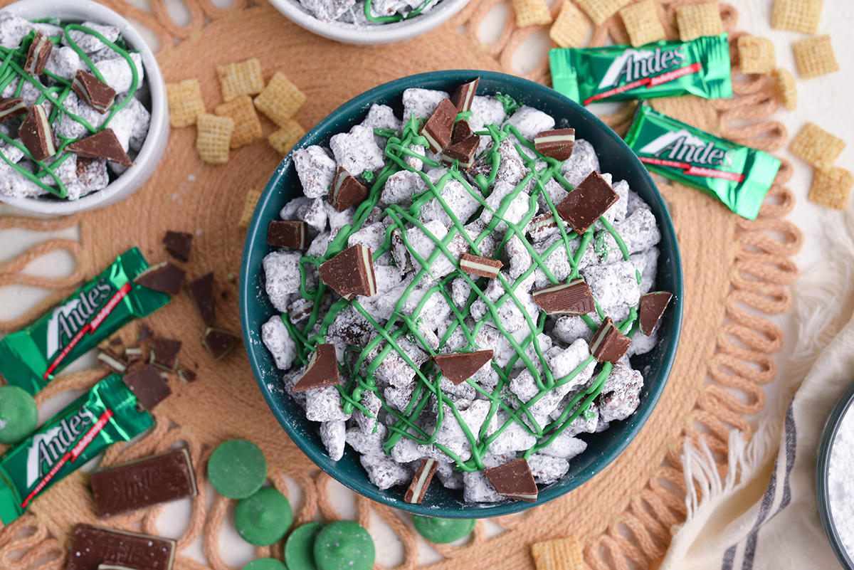 overhead shot of bowl of mint chocolate puppy chow