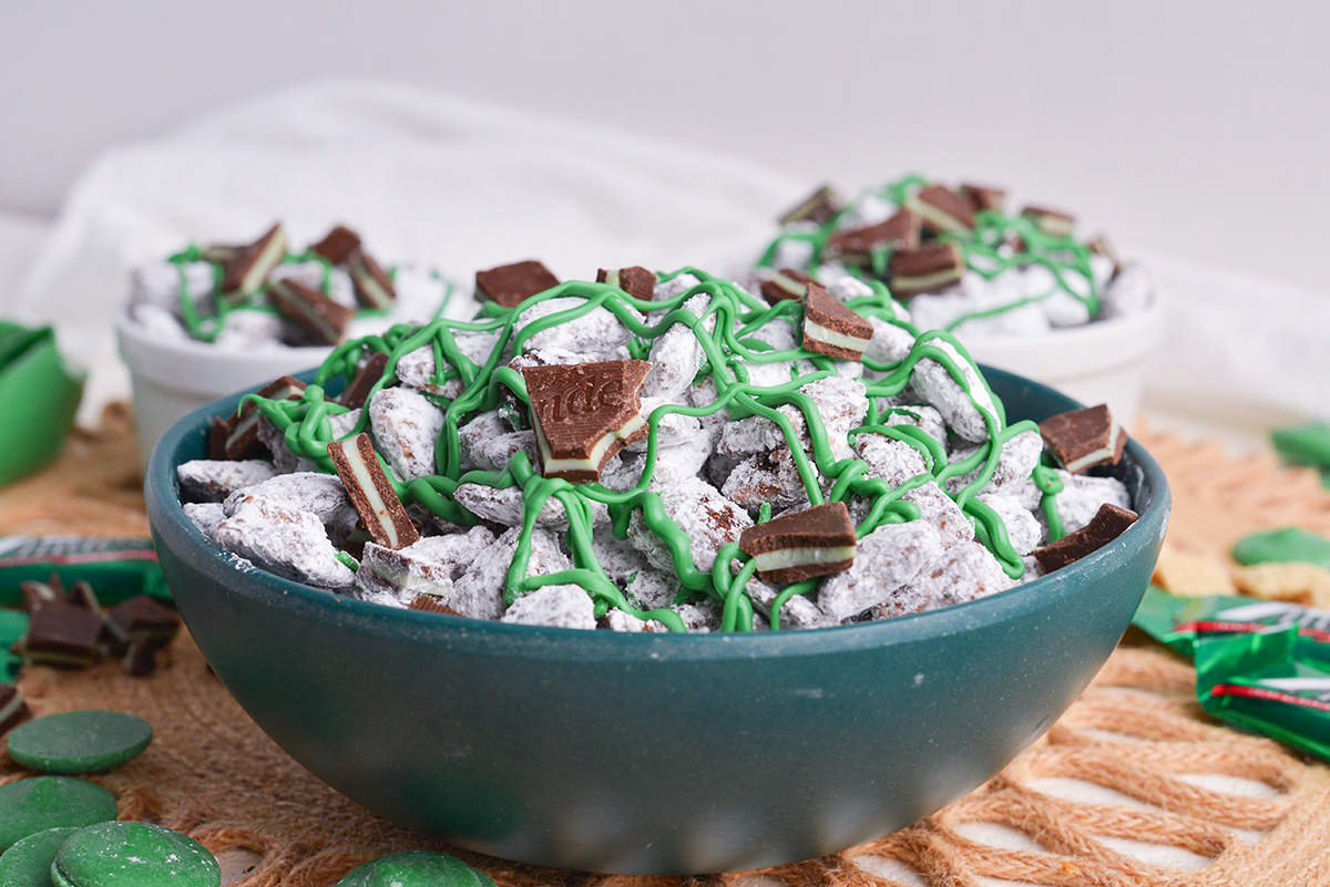 straight on shot of bowl of mint chocolate puppy chow