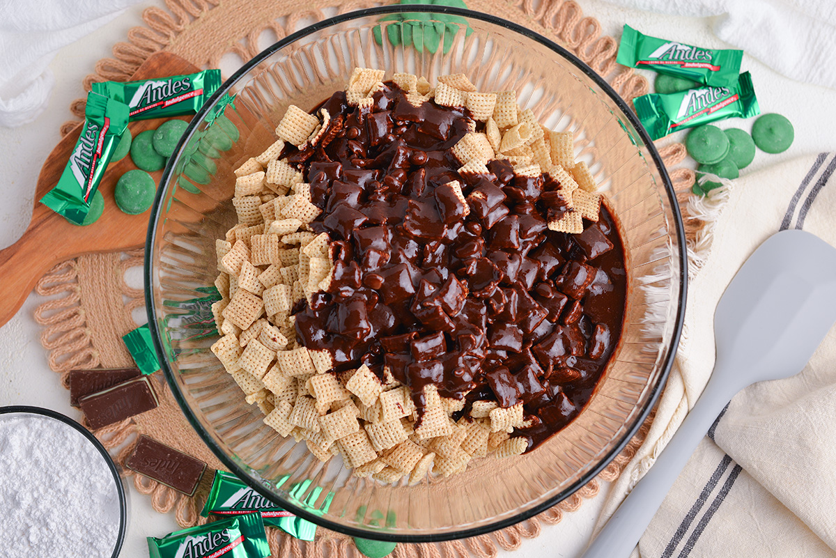 melted chocolate poured over chex cereal