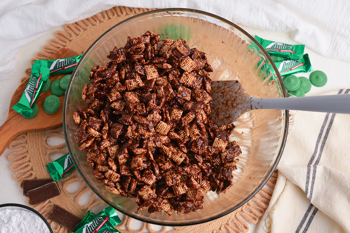 chex cereal in bowl coated in melted chocolate