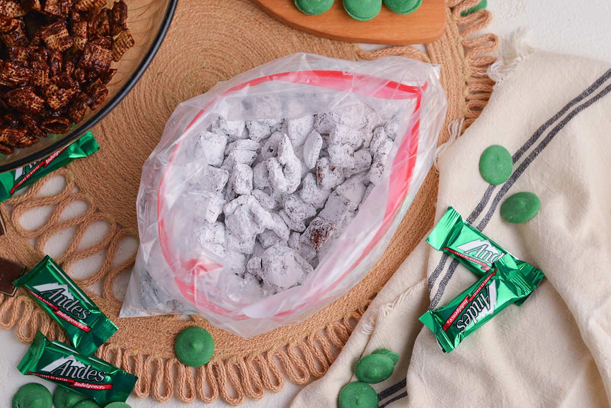 overhead shot of muddy buddies in ziplock bag