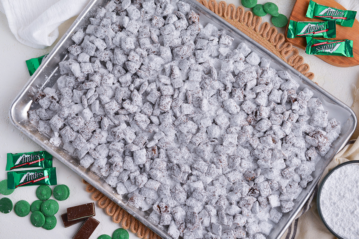 muddy buddies on baking sheet