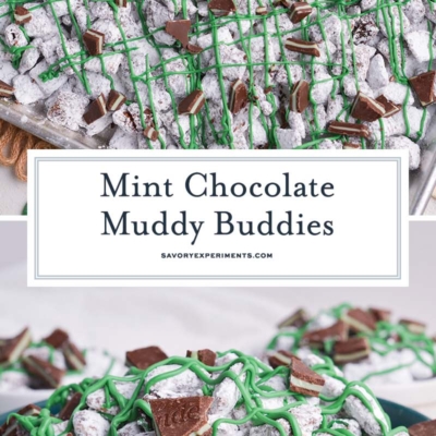 collage of mint chocolate chip muddy buddies