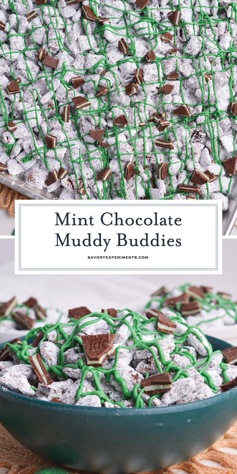 collage of mint chocolate chip muddy buddies