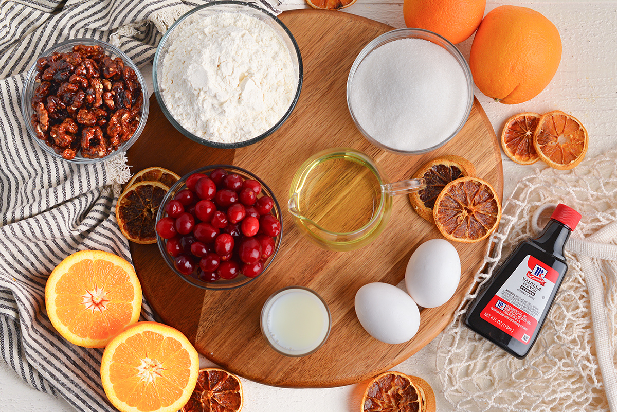 overhead shot of orange cranberry bread ingredients