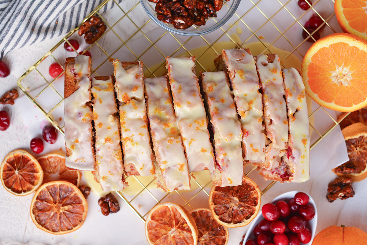 overhead shot of slices of cranberry bread