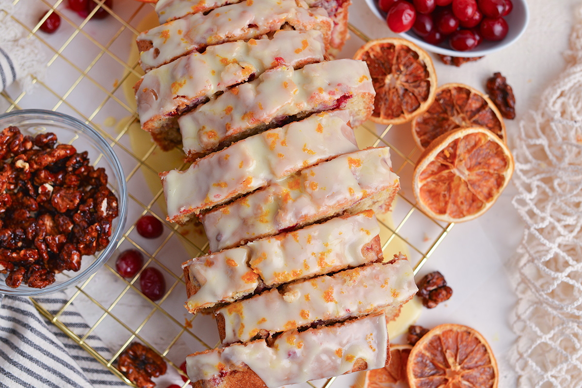 angled shot of sliced orange cranberry bread